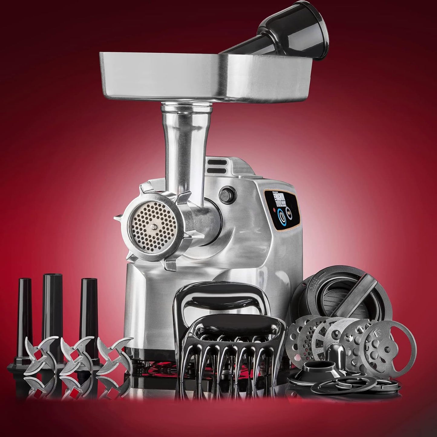 Magnum 1800W Electric Meat Grinder | Grinds Soft Bones | High-Capacity Meat Tray | 6 Grinding Plates | 3 Stainless Steel Blades | Sausage Stuffer | Kubbe Maker & More Included