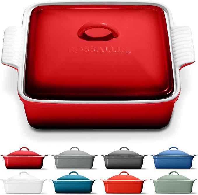 Stoneware Casserole Dish Bakeware with Lid | Covered Square Dinnerware | Large 2.5 Quart, [Deep Red]