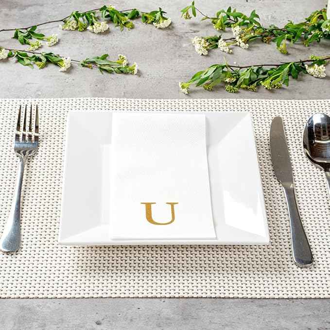 Luxenap 15.8 X 7.9 Inch Linen-Feel Guest Towels, 2000 Lettered Hand Towels - Gold Letter 'U', Sans Serif Font, White Paper Dinner Napkins, airlaid, For Restrooms And Tables