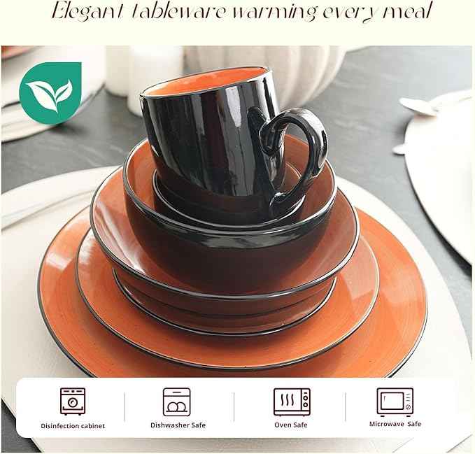 Stoneware Sonoma Dinnerware Set, Black + Speckled Spin Wash (56pc Set, Orange)