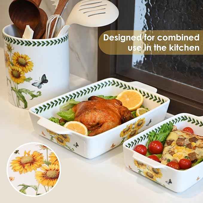 ACMLIFE Ceramic Casserole Dish Set, Ceramic Baking Dish for Oven, Casserole Dish Bakeware Set, Casserole Dishes for Oven, Lasagna Pan, Large Baking Dishes with Handles, Microwave, Dishwasher Safe, Gift Packaging Floral 2 Pcs Set(13"x8"+10.3"x6.3") (Sun...