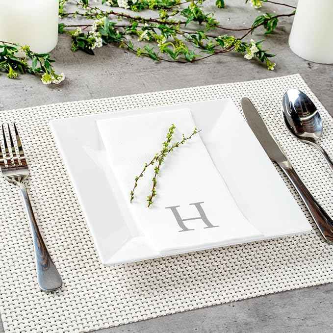 Luxenap 15.8 X 7.9 Inch Linen-Feel Guest Towels, 50 Lettered Hand Towels - Silver Letter 'H', Sans Serif Font, White Paper Dinner Napkins, airlaid, For Restrooms And Tables - Restaurantware