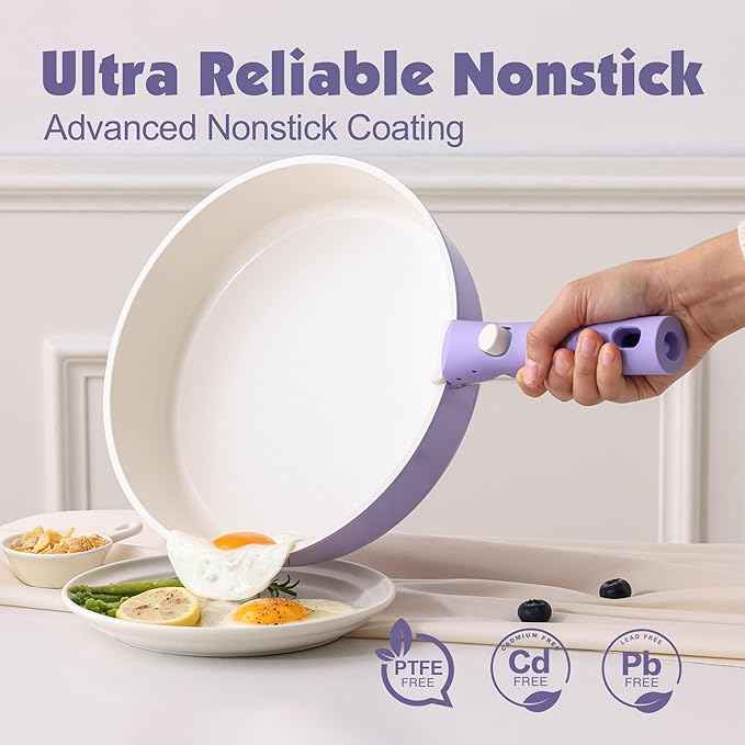 SENSARTE 17 Piece Ceramic Pots and Pans Set, Nonstick Detachable Handle Cookware, Induction Kitchen Cookware Set with Removable Handle, Dishwasher ＆ Oven Safe (Purple)