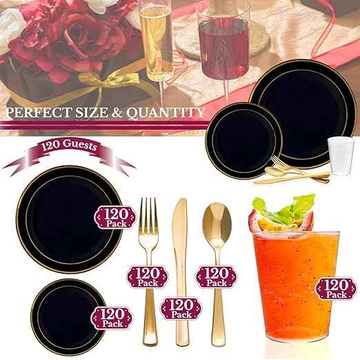 720 PCS Premium Plastic Dinnerware Set for 120 Guests, Black and Gold Rim Plates Disposable Heavy Duty, Including 120 Dinner Plates, 120 Dessert Plates, 120 Cups 10 oz. & 120 Gold Cutlery Set