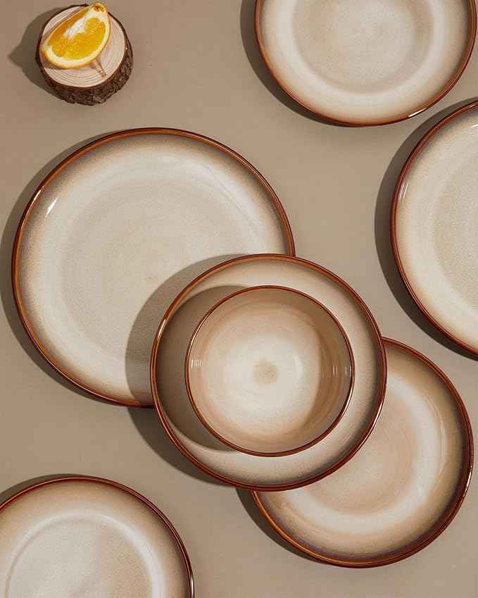 Stoneware Dinnerware Set Service for 4, 12 pcs Reactive Glaze Plates and Bowls Sets, Handmade Round Dishes Set, Highly Chip and Crack Resistant Modern Plate Set, Brown Yellow