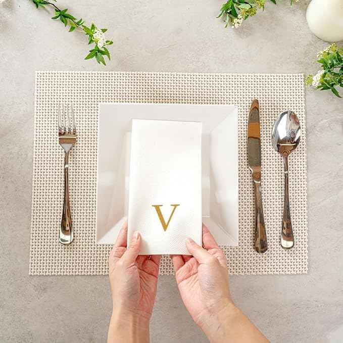 Luxenap 15.8 X 7.9 Inch Linen-Feel Guest Towels, 2000 Lettered Hand Towels - Gold Letter 'V', Sans Serif Font, White Paper Dinner Napkins, airlaid, For Restrooms And Tables