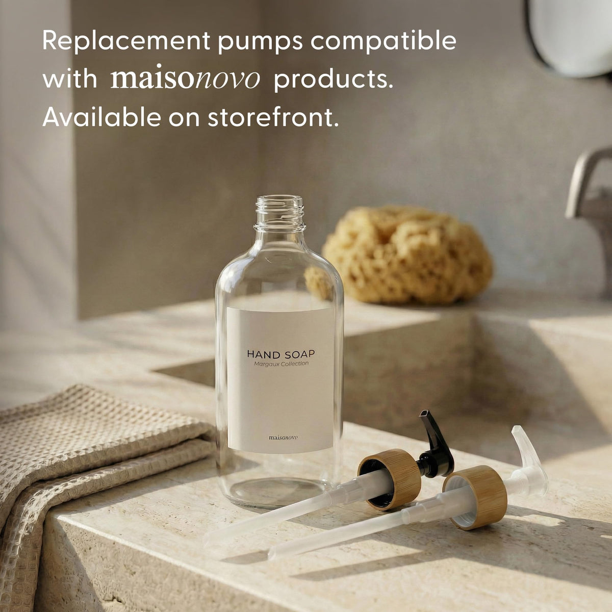 Dish Soap Dispenser Set (Clear Bottles White Bamboo Pumps)