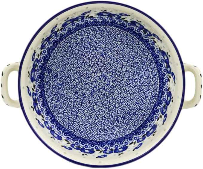 Polmedia Polish Pottery Round Baker with Handles 10-inch - Eternal Winter Pattern Handmade in Boleslawiec Poland by Ceramika Artystyczna + Certificate of Authenticity
