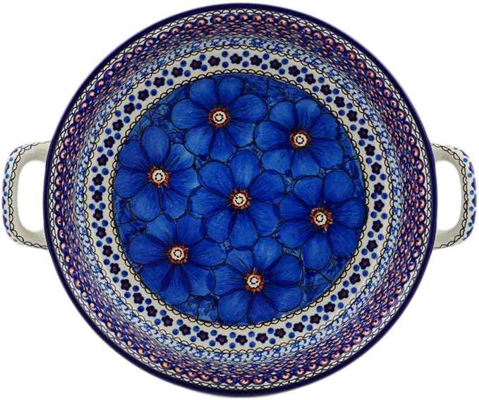 Polmedia Polish Pottery Round Baker with Handles 10-inch UNIKAT - Cobalt Poppies Pattern Handmade in Boleslawiec Poland by Ceramika Artystyczna + Certificate of Authenticity