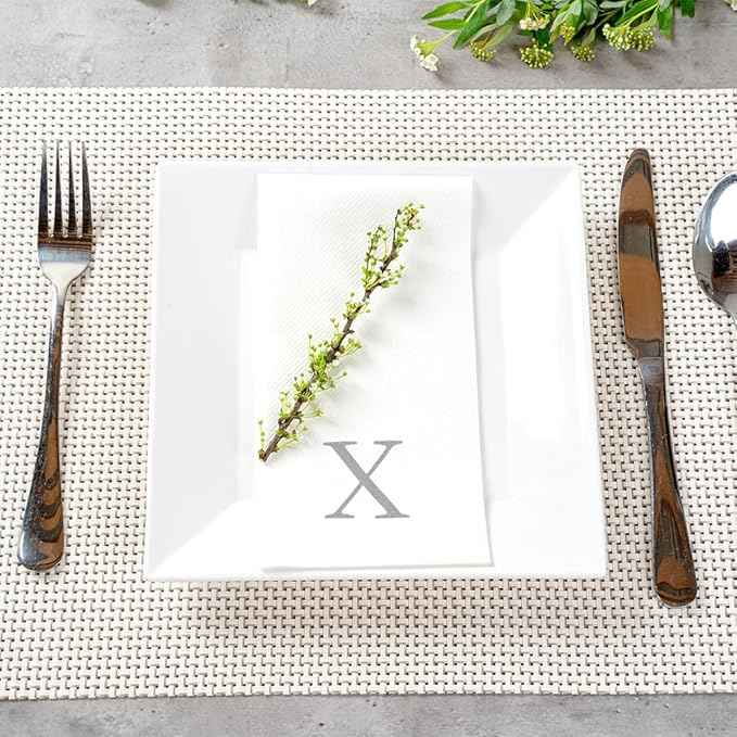 Luxenap 15.8 X 7.9 Inch Linen-Feel Guest Towels, 50 Lettered Hand Towels - Silver Letter 'X', Sans Serif Font, White Paper Dinner Napkins, airlaid, For Restrooms And Tables - Restaurantware
