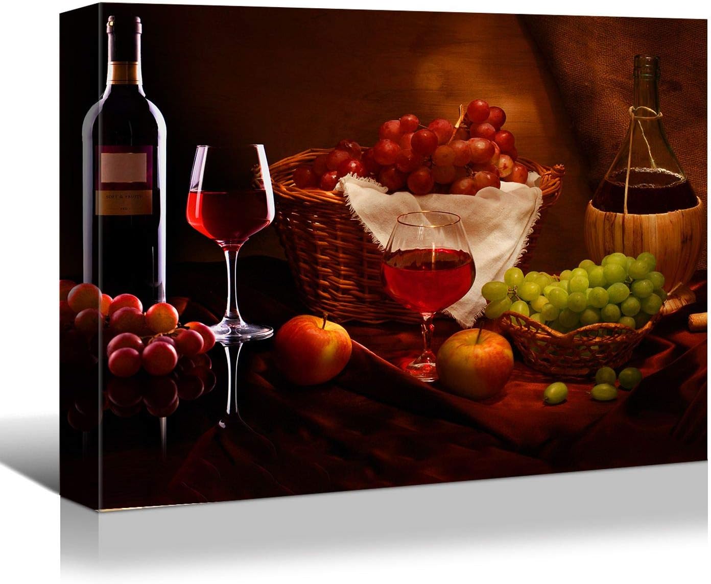 Looife Kitchen Still Life Canvas Wall Art, 24x18 Inch Gallery Wrapped Wine Cup with Grapes Picture Prints Wall Decor, Food Art Deco for Dining Room and Bar