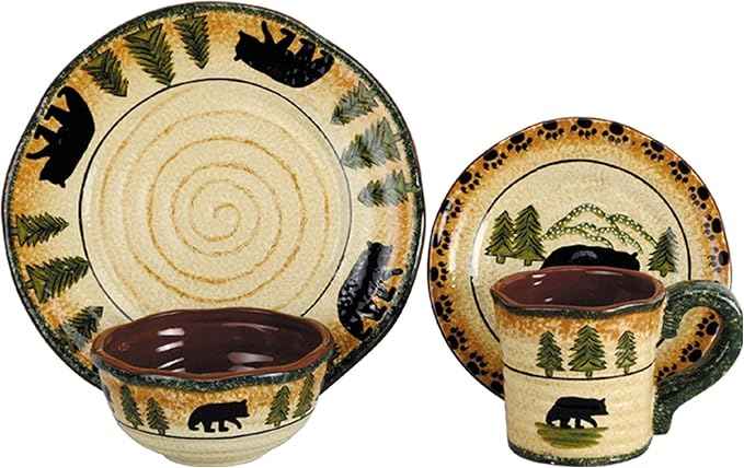 Paseo Road Rustic Bear 16 Piece Ceramic Dinnerware Set with Plates, Bowls and Mugs, Rustic Cabin Lodge Style