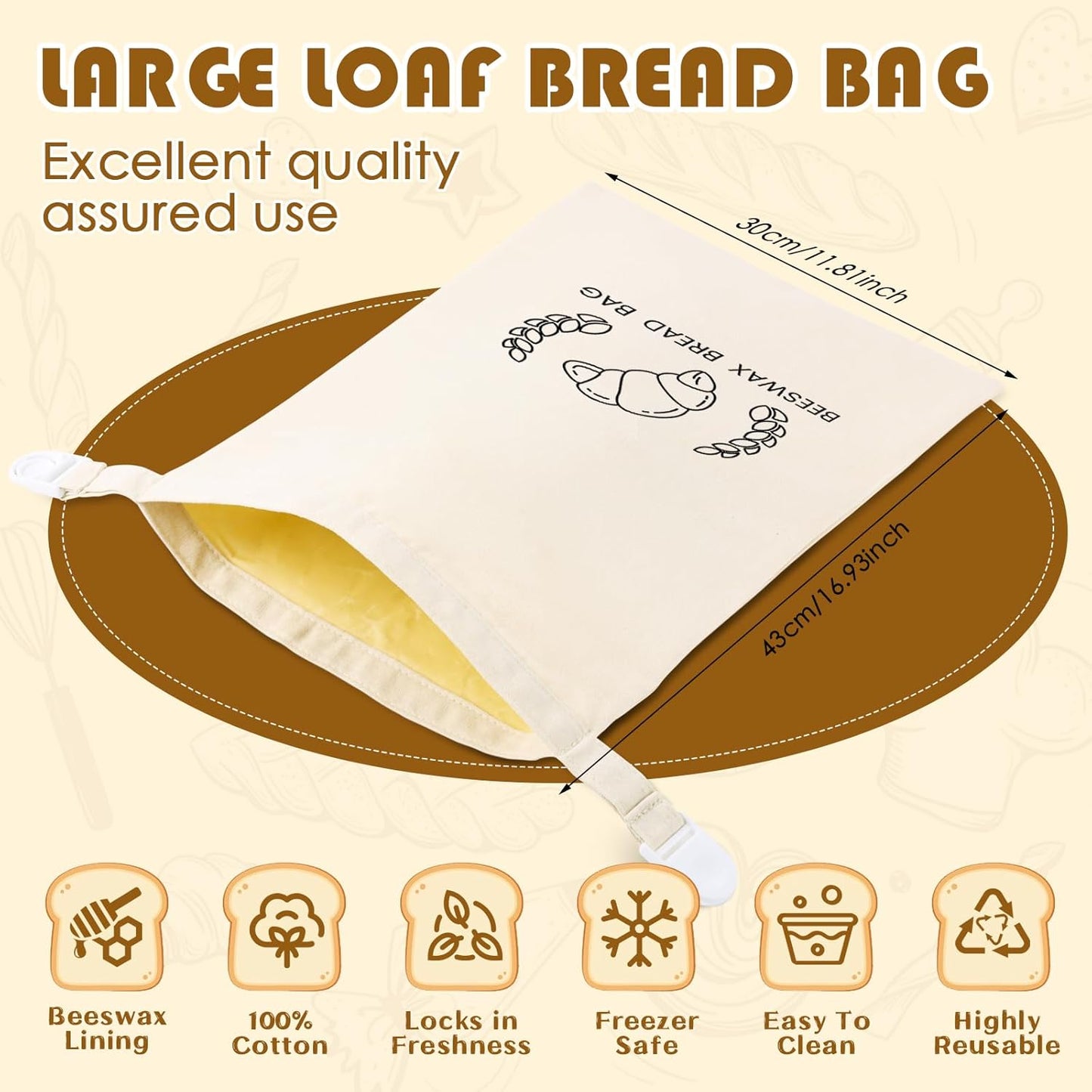 2 Pack Reusable Beeswax Bread Bag for Homemade, XL Sourdough Bread Keeper with Beeswax Lining, 17"×12" Bread Storage for Baking Supplies