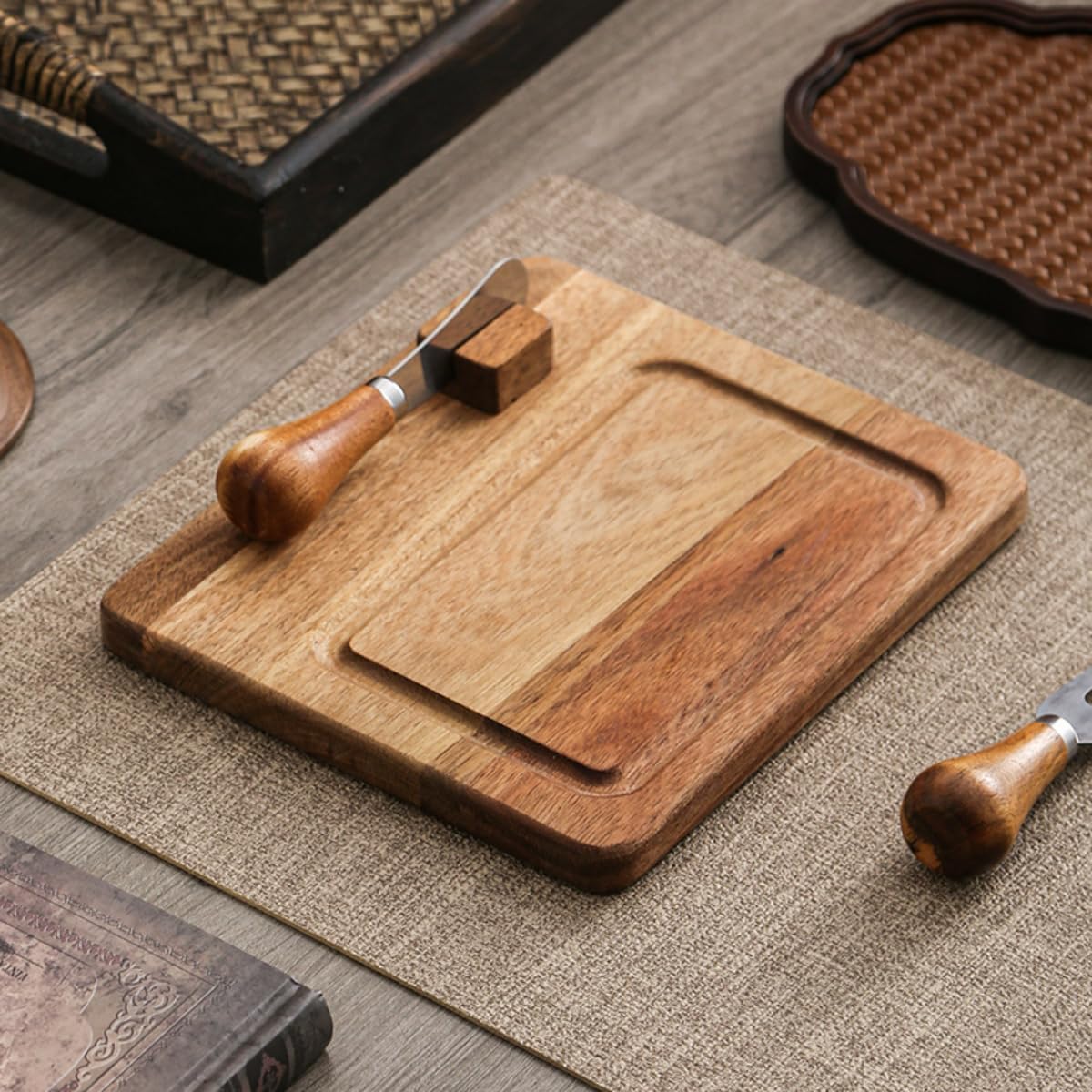Acacia Wood Butter Dish with Knife and Glass Cover for Cheese, Butter, Cake, Dessert Serving Tray Elegant Kitchenware (2 knifes)