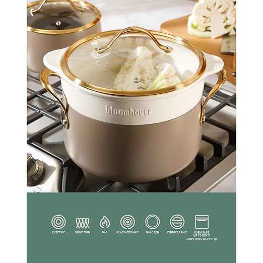 Bloomhouse - Two Time Oprah's Favorite Things Winner - 8 Piece Pots and Pans Heavy Duty Aluminum Premium PFA Free Ceramic Nonstick Dutch Oven Pot with Lid - Cappuccino Cream with Gold Handle