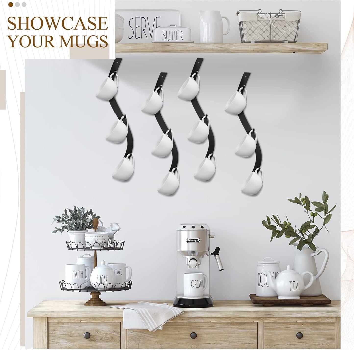 Sosation 4 Pack Coffee Mug Wall Rack Mounted with 12 Hooks S Curve Metal Coffee Cup Rack Wall Hanging Holder for Bar Kitchen Corner Station Decor Display