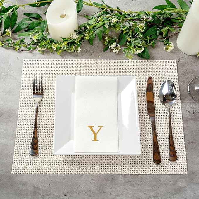 Luxenap 15.8 X 7.9 Inch Linen-Feel Guest Towels, 50 Lettered Hand Towels - Gold Letter 'Y', Sans Serif Font, White Paper Dinner Napkins, airlaid, For Restrooms And Tables - Restaurantware