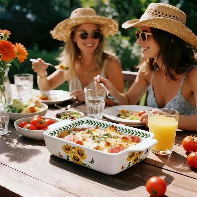 ACMLIFE Ceramic Casserole Dish Set, Ceramic Baking Dish for Oven, Casserole Dish Bakeware Set, Casserole Dishes for Oven, Lasagna Pan, Large Baking Dishes with Handles, Microwave, Dishwasher Safe, Gift Packaging Floral 2 Pcs Set(13"x8"+10.3"x6.3") (Sun...