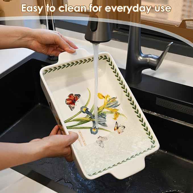 ACMLIFE Ceramic Casserole Dish Set, Ceramic Baking Dish for Oven, Casserole Dish Bakeware Set, Casserole Dishes for Oven, Lasagna Pan, Large Baking Dishes with Handles, Microwave, Dishwasher Safe, Gift Packaging Floral 2 Pcs Set(13"x8"+10.3"x6.3") (Iris)