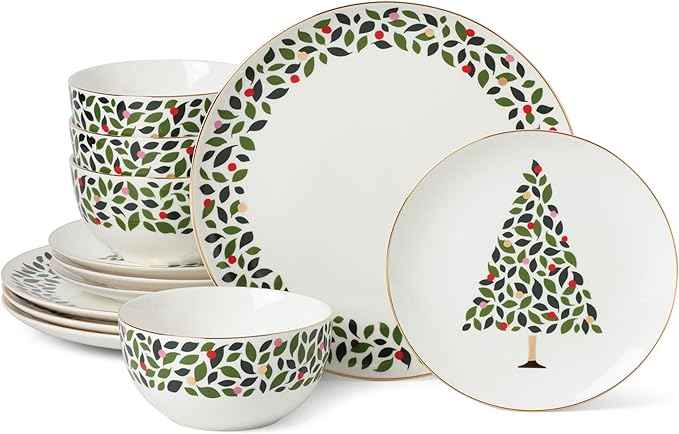 kate spade new york Evergreen 12-Piece Dinnerware Set, 12 Count, Ivory, Christmas Dinnerware Set, Holiday Hosting