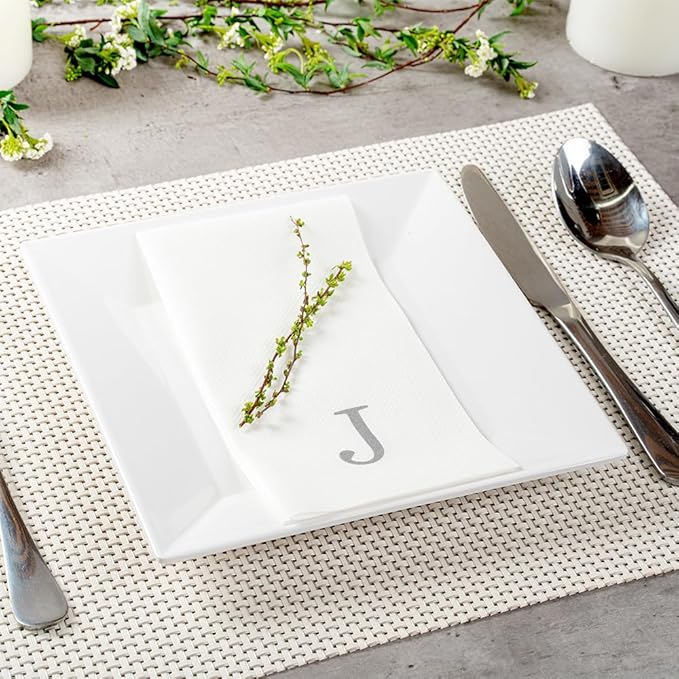 Luxenap 15.8 X 7.9 Inch Linen-Feel Guest Towels, 50 Lettered Hand Towels - Silver Letter 'J', Sans Serif Font, White Paper Dinner Napkins, airlaid, For Restrooms And Tables - Restaurantware
