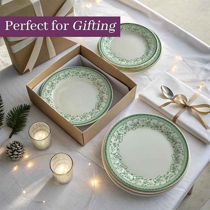 Tudor Royal 12-Piece Round Porcelain Dinnerware Set, Service for 4 - Aster Green Design, Multicolor Floral, Plates Bowls Mugs Dishes, Premium Quality Tableware, Unique Pattern, Glossy