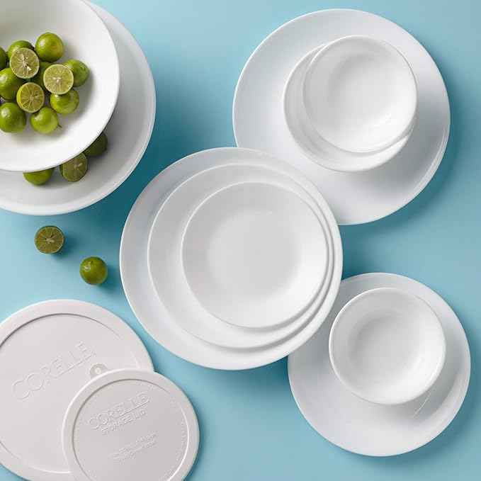 Corelle Vitrelle 78-Piece Service for 12 Dinnerware Set, Triple Layer Glass and Chip Resistant, Lightweight Round Plates and Bowls Set, Winter Frost White