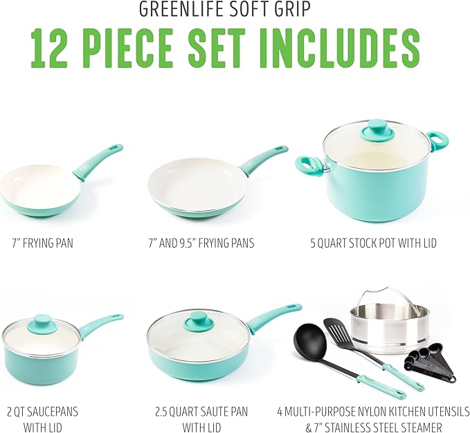 GreenLife Soft Grip Healthy Ceramic Nonstick 12 Piece Cookware Pots and Pans Set, PFAS-Free, Dishwasher Safe, Turquoise