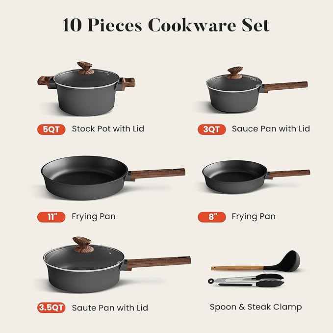 Kitchen Academy Ceramic Pots and Pans Set Non Stick - 10 Pcs Induction Cookware Set Non Toxic, Healthy Nonstick Black Cooking Pans Set, PFAS/PTFE/PFOA & PFOS Free