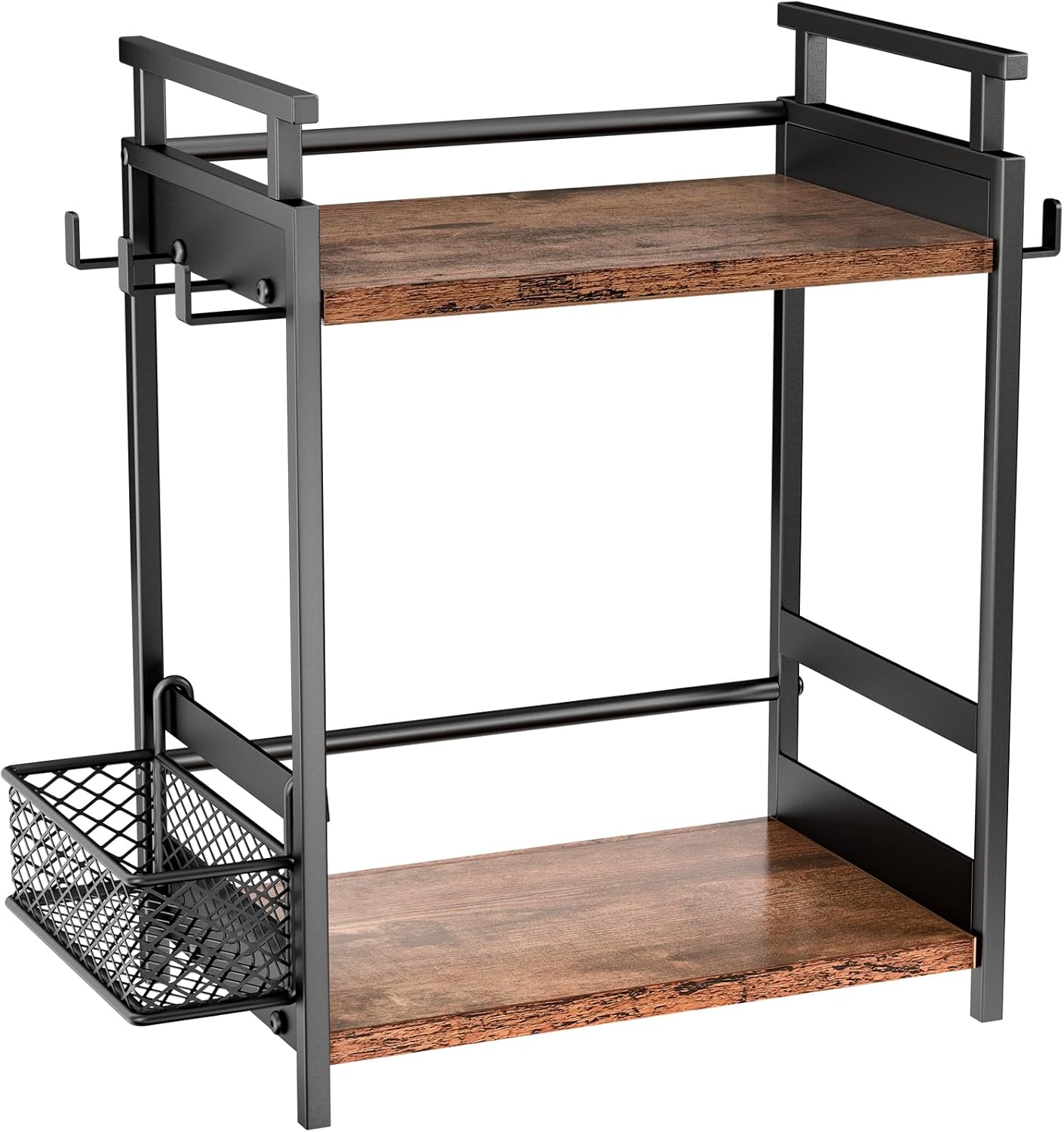 KLM 2 Tier Coffee Bar Organizer for Home Office, Spice Rack for Countertop, Kitchen Counter Storage Shelf with Hanging Basket, Coffee and Tea Condiment Station Organizer