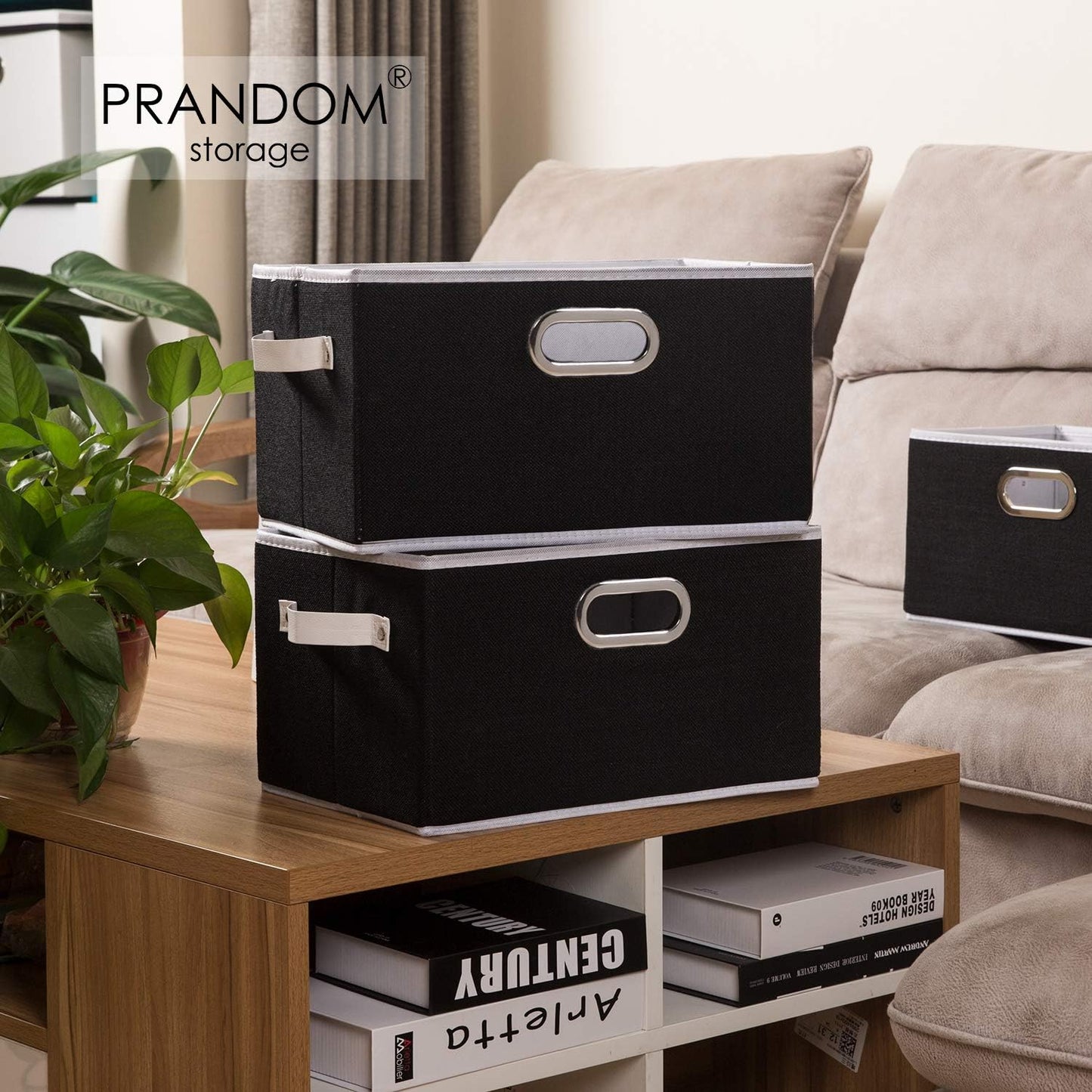 PRANDOM Fodable Storage Baskets for Closet [5-Pack] Decorative Fabric Storage Bins Cubes with Leather/Metal Handles for Shelves Bedroom Living Room Black (11.5x8.5x6.7 Inch)