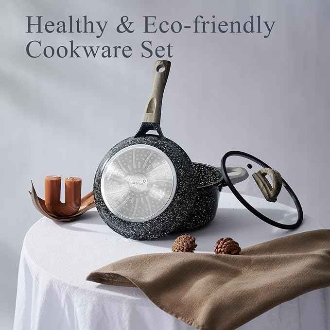 Ceramic Cookware Set 22 Piece Nonstick Pots and Pans Set Non Stick Kitchen Cooking Sets 8"Frying Pans with Lid,Black Granite Non-Toxic Induction Kitchen Cookware w/Glass Lids PFOS/PFOA-Free