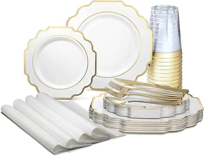 " OCCASIONS " 640 Piece set (80 Guests)-Heavyweight Wedding Party Disposable Plastic Plate Set - 80 x 10.5'' + 80 x 8'' + Silverware + Cups + Napkins (Imperial White & Gold)