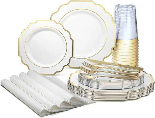 " OCCASIONS " 200 Piece set (25 Guests)-Wedding Plastic Plates & cutlery -Disposable heavyweight Dinnerware 10.5'', 8'' + Silverware + Cups + Napkins (Imperial White & Gold)