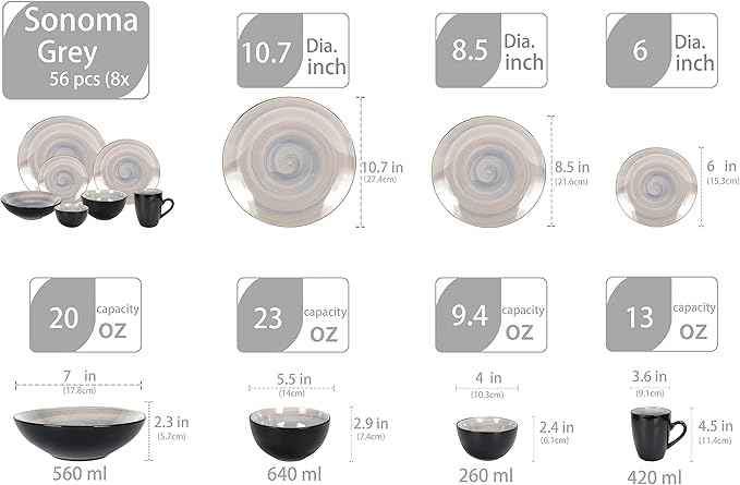 Stoneware Sonoma 56pc Dinnerware Set, Black + Speckled Spin Wash Grey