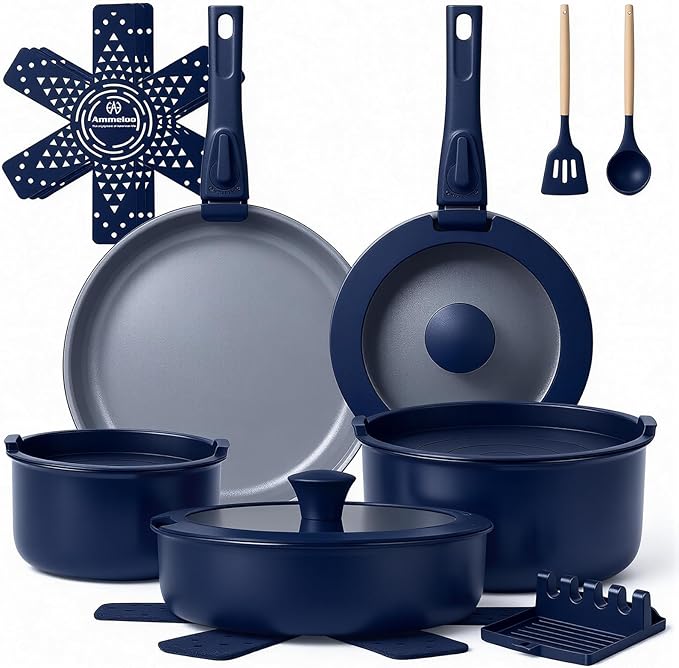 Ammeloo 18-Piece Ceramic Pots and Pans Set Non Stick, Non Toxic Cookware Set with Removable Handles, Pot Sets for Cooking, Induction Ready, Dishwasher & Oven Safe, PFAS PFOA & PTFE Free (Navy Blue)