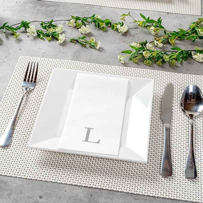 Luxenap 15.8 X 7.9 Inch Linen-Feel Guest Towels, 50 Lettered Hand Towels - Silver Letter 'L', Sans Serif Font, White Paper Dinner Napkins, airlaid, For Restrooms And Tables - Restaurantware