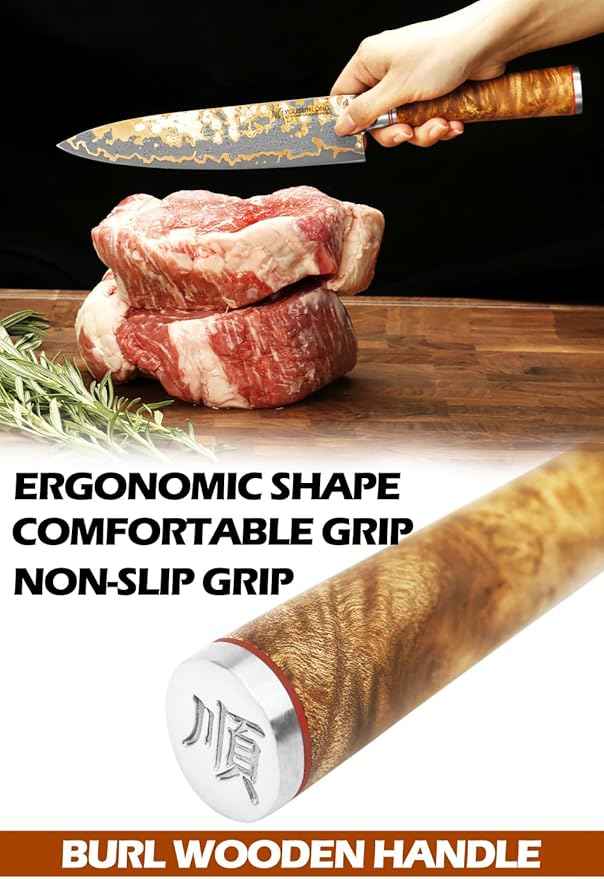 YOUSUNLONG Chef Knife - 8'' Blade Japanese Handmade Copper Damascus Steel - Professional Chef's Knife - Razor Sharp Slicing Knife - Naturel Burl Wooden Handle with Leather and Acacia Wood Box