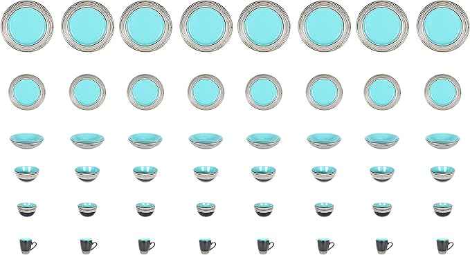 48 Piece Dinnerware Set, Ceramic Plates and Bowls Sets for 8, Microwave and Dishwasher Safe, Handcrafted Tree Bark Series Dish Set, Turquoise