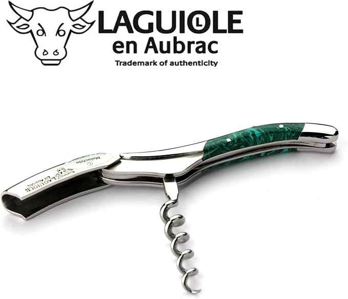 Laguiole en Aubrac corkscrew sommelier waiters knife 3 functions SOM99PMI malachite handle, stainless steel shiny