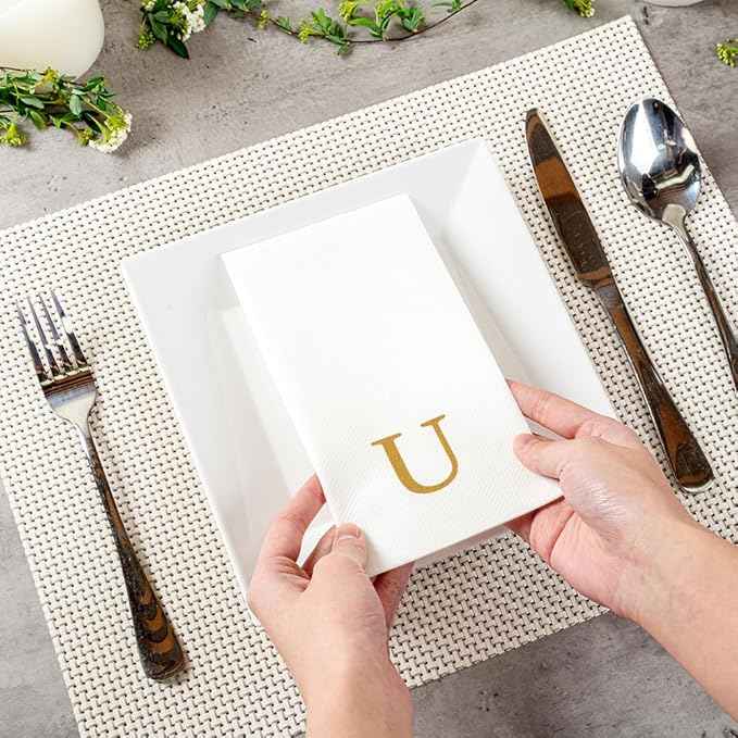 Luxenap 15.8 X 7.9 Inch Linen-Feel Guest Towels, 2000 Lettered Hand Towels - Gold Letter 'U', Sans Serif Font, White Paper Dinner Napkins, airlaid, For Restrooms And Tables