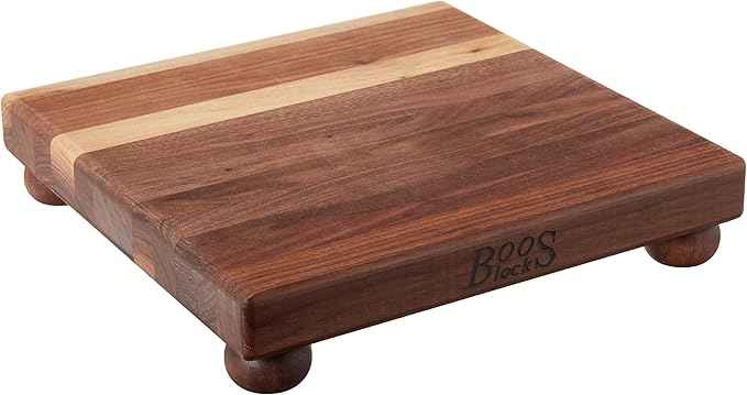 John Boos B Series Square Wooden Walnut Cutting Board 12”x12” – 1.5” Thick, 5-lb Non-Reversible Butcher Block with Wood Bun Feet & Edge-Grain