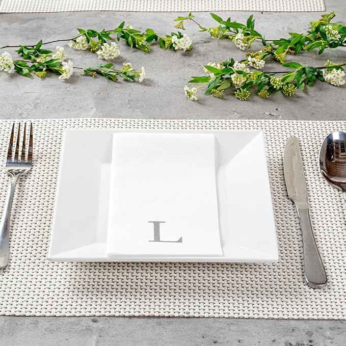 Luxenap 15.8 X 7.9 Inch Linen-Feel Guest Towels, 50 Lettered Hand Towels - Silver Letter 'L', Sans Serif Font, White Paper Dinner Napkins, airlaid, For Restrooms And Tables - Restaurantware