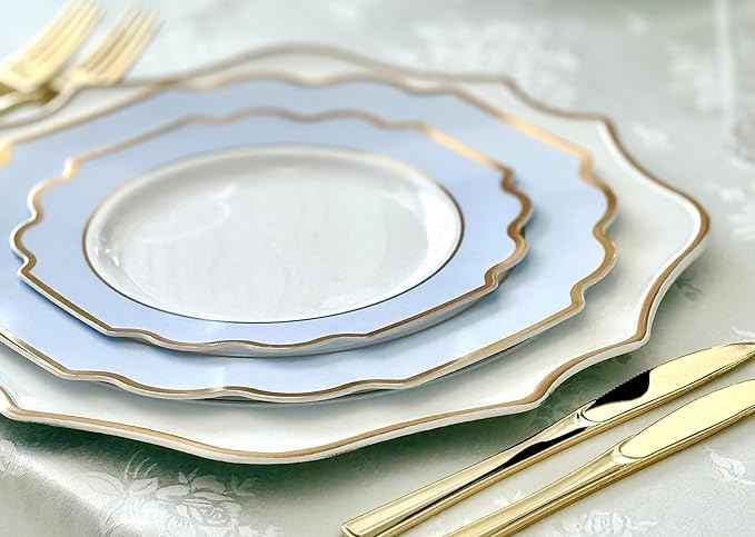 OCCASIONS FINEST 200 Piece Disposable Dinnerware Set for 25 Guests, – Plastic Plates, Gold Cutlery, Cups, Napkins – Heavy Duty Party Tableware, Imperial White Blue Gold Collection