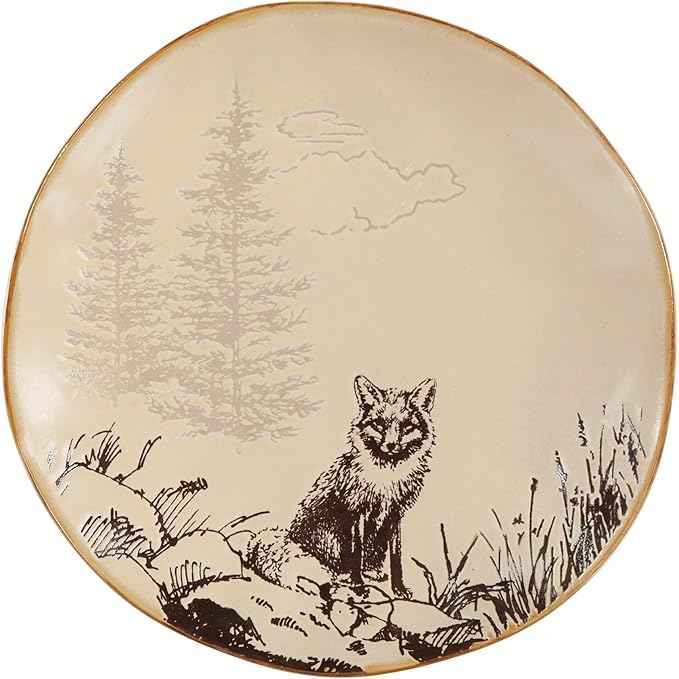 Paseo Road White Pine 16 Piece Ceramic Dinnerware Set, Pine Tree Bear Deer Moose Fox Print, Modern Rustic Cabin Lodge Dish Set with Plates, Bowls, Mugs