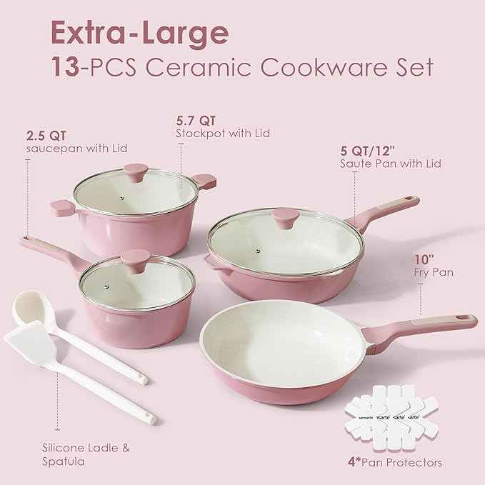 SENSARTE Nonstick Ceramic Cookware Set Large 13-Piece, Healthy Pots and Pans Set Dishwasher Safe, Non-toxic Kitchen Cooking Set with Stay-Cool Handles, Induction Compatible, PFAS Free, Pink