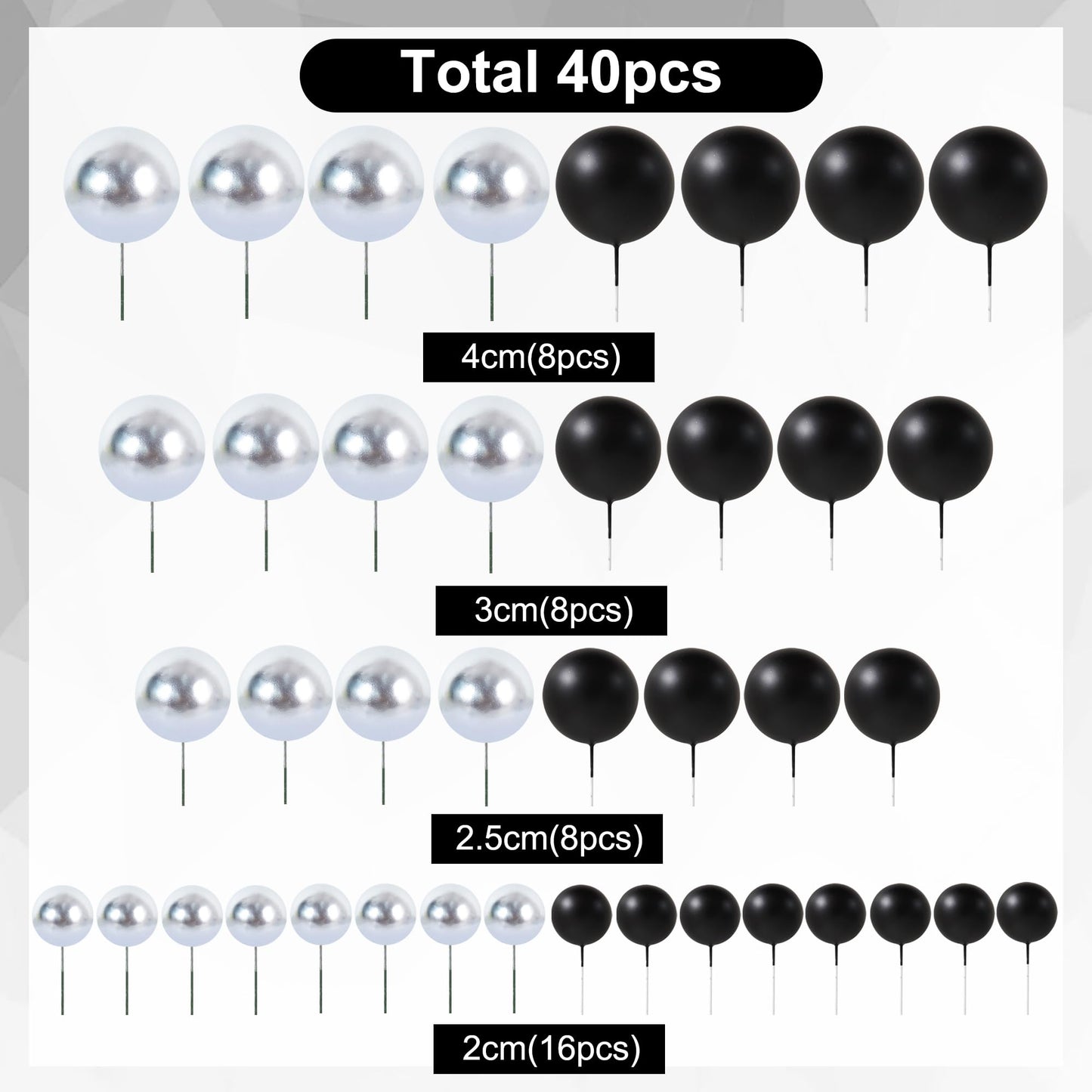 40 Pcs Ball Cake Toppers Mini Balls Cake Decorations Black Silver Foam Balls Sticks DIY Cake Topper for Congrats Grade 2026 Graduation Men Birthday New Year Retirement Decorations (40 Count)