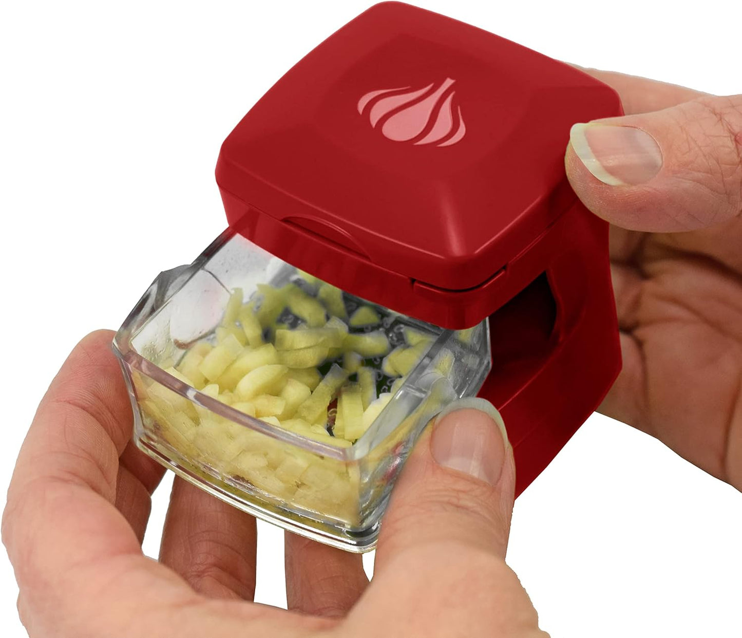 Garlic-A-Peel Garlic Press, Crusher, Cutter, Mincer, and Storage Container - Includes Silicone Garlic Peeler - Easy to Clean - Stainless Steel Blades – (Red), standard - HomeSpice