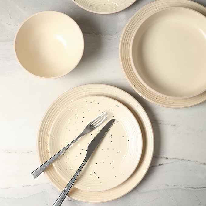 Stone Lain Lauren Modern Stoneware 32-piece Round Dinnerware Set, Plates and Bowls Set, Dish set for 8, Beige