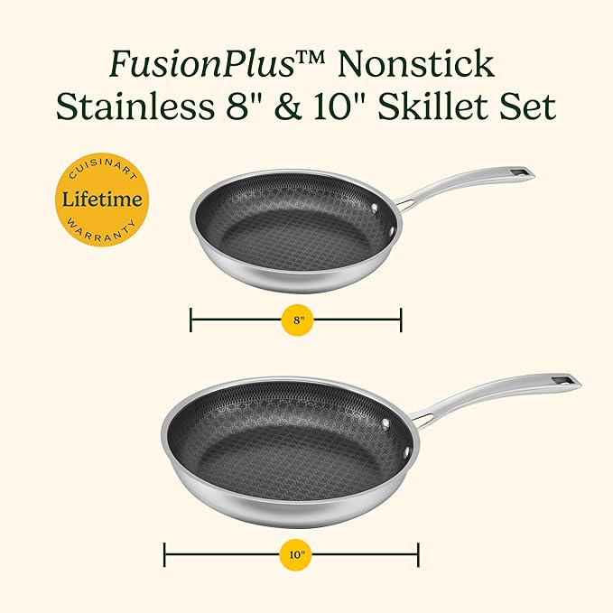 Cuisinart FusionPlus Hybrid Nonstick Stainless Steel Cookware Set, 2-Piece Skillet Cooking Set with PFAS-Free PURELYSEAR Ceramic Non Stick Technology, Scratch Proof, Cool Grip Handles, Dishwasher Safe